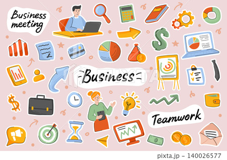 Business cute stickers template set. Bundle of teamwork, successful businessman and businesswoman, profit growth, investment symbols. Scrapbooking elements. Vector illustration in flat cartoon design Business cute stickers template set. Bundle of teamwork, successful businessman and businesswoman, profit growth, investment symbols. Scrapbooking elements. Vector illustration in flat cartoon design 140026577
