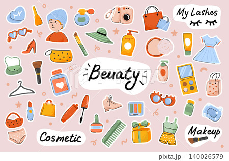 Beauty cute stickers template set. Bundle of face and body care procedures, routine, cosmetics, female makeup, stylish outfits. Scrapbooking elements. Vector illustration in flat cartoon design Beauty cute stickers template set. Bundle of face and body care procedures, routine, cosmetics, female makeup, stylish outfits. Scrapbooking elements. Vector illustration in flat cartoon design 140026579