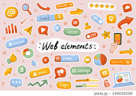 Web elements cute stickers template set. Bundle of site navigation, menu buttons, setting, mobile and computer page interface symbols. Scrapbooking objects. Vector illustration in flat cartoon design Web elements cute stickers template set. Bundle of site navigation, menu buttons, setting, mobile and computer page interface symbols. Scrapbooking objects. Vector illustration in flat cartoon design 140026580