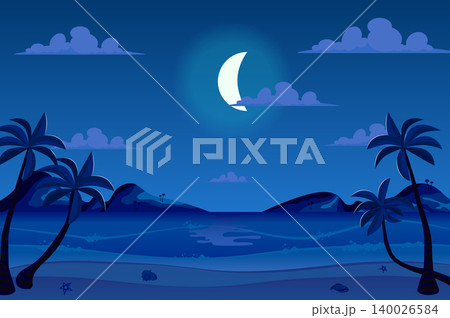 Moonlight night at seashore landscape background in flat cartoon style. Moon in sky above sea beach with palm trees. Paradise ocean island vacation. Nature scenery. Vector illustration of web banner Moonlight night at seashore landscape background in flat cartoon style. Moon in sky above sea beach with palm trees. Paradise ocean island vacation. Nature scenery. Vector illustration of web banner 140026584