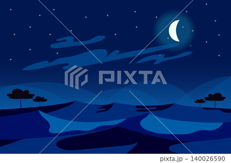 Moon in sky at desert night landscape background in flat cartoon style. Sand dunes, trees, sparse vegetation at moonlight wilderness. Abstract nature scenery. Vector illustration of web banner Moon in sky at desert night landscape background in flat cartoon style. Sand dunes, trees, sparse vegetation at moonlight wilderness. Abstract nature scenery. Vector illustration of web banner 140026590
