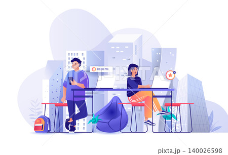 Colleagues at coworking office scene. Man and woman working in open office together. Freelance worker, business, coworker cooperation concept. Vector illustration of people characters in flat design Colleagues at coworking office scene. Man and woman working in open office together. Freelance worker, business, coworker cooperation concept. Vector illustration of people characters in flat design 140026598