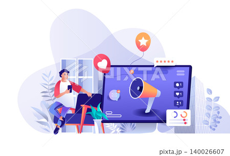 Social media marketing scene. Marketer promotes new business at social media, huge megaphone attracting new customers. Advertising concept. Vector illustration of people characters in flat design 140026607