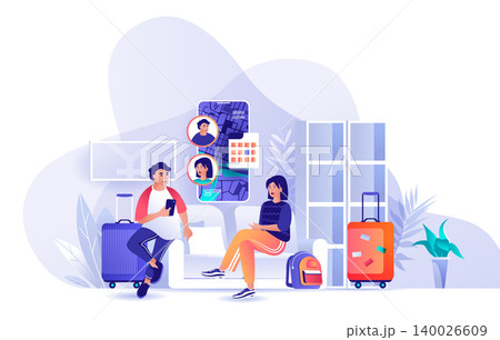 Couple travel to vacation together scene. Man and woman discussing route of travel, collected luggage. Tourism, summer recreation, trip concept. Vector illustration of people characters in flat design 140026609