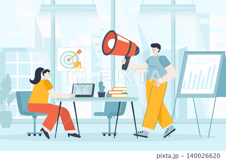 Digital marketing concept in flat design. Marketers team works in office scene. Teamwork to promote business, advertise, attract customers. Vector illustration of people characters for landing page 140026620