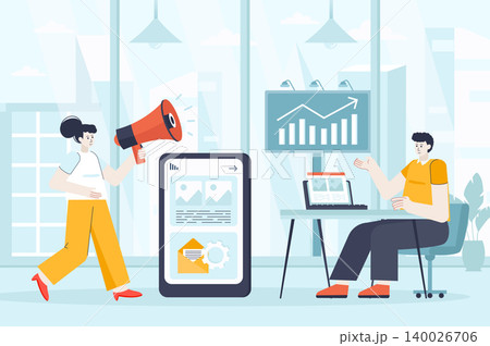 Outbound marketing concept in flat design. Colleagues work in office scene. Advertising, business promotion, communication with customers. Vector illustration of people characters for landing page 140026706