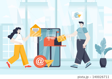 Mobile email service concept in flat design. Colleagues work at office scene. Man and woman sending newsletter, messaging, business marketing. Vector illustration of people characters for landing page 140026711