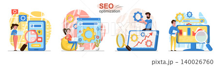 Seo optimization concept scenes set. Analytics team setting search, analyzes data, increases traffic, development. Collection of people activities. Vector illustration of characters in flat design Seo optimization concept scenes set. Analytics team setting search, analyzes data, increases traffic, development. Collection of people activities. Vector illustration of characters in flat design 140026760