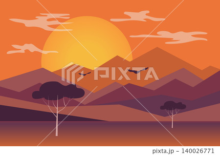 Sunset in mountains landscape background in flat style. Setting sun is shining over mountain peaks and hills, birds flying, trees in desert area. Nature scenery. Vector illustration of web banner Sunset in mountains landscape background in flat style. Setting sun is shining over mountain peaks and hills, birds flying, trees in desert area. Nature scenery. Vector illustration of web banner 140026771