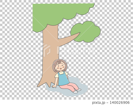 An illustration of a girl resting in the shade of a tree to escape the scorching sun. An illustration of a girl resting in the shade of a tree to escape the scorching sun. 140026906