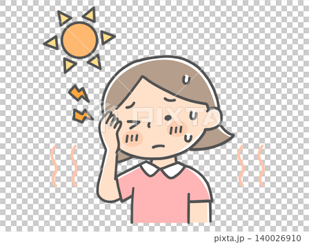一幅插圖，描繪了一個女孩在烈日下中暑頭痛的情景。 140026910
