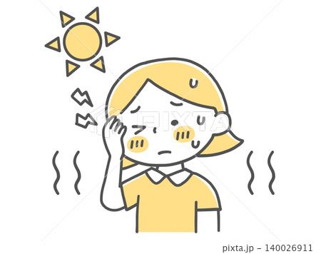 炎天下で頭痛を感じる女の子の熱中症イラスト単色 炎天下で頭痛を感じる女の子の熱中症イラスト単色 140026911
