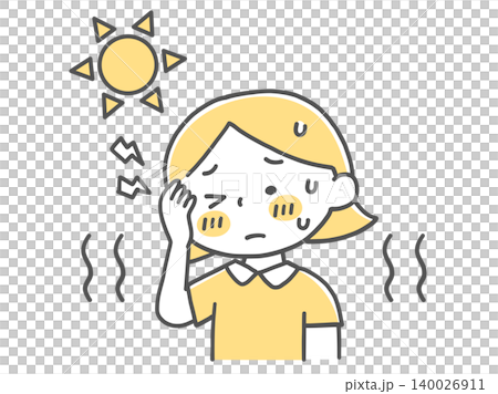炎天下で頭痛を感じる女の子の熱中症イラスト単色 炎天下で頭痛を感じる女の子の熱中症イラスト単色 140026911