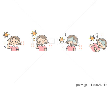 熱中症の重症度を表す女の子の症状イラストセット 140026916