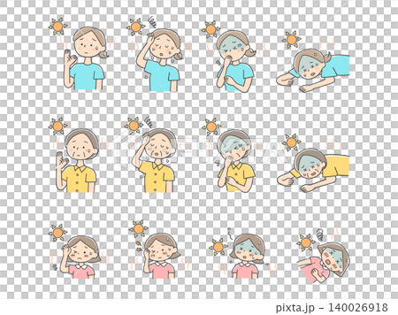一組插圖，說明中暑的症狀和嚴重程度。 140026918