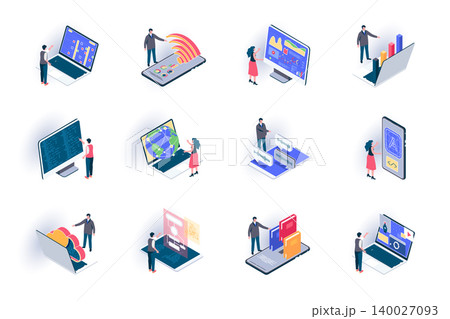 Freelance work isometric icons set. Outsourcing development and design, remote work flat vector illustration. Online communication and distance teamwork 3d isometry pictograms with people characters. Freelance work isometric icons set. Outsourcing development and design, remote work flat vector illustration. Online communication and distance teamwork 3d isometry pictograms with people characters. 140027093