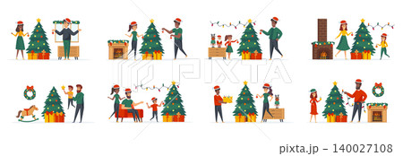 Christmas tree decoration bundle of scenes with people characters. Happy family with kids together decorating Christmas tree conceptual situations. Xmas winter holidays cartoon vector illustration. 140027108