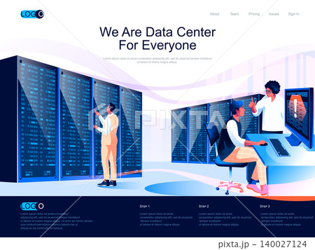 We are Data Center for everyone isometric landing page. Hosting platform, data storage isometry website page. Technicians working in server room web concept, vector illustration with people characters We are Data Center for everyone isometric landing page. Hosting platform, data storage isometry website page. Technicians working in server room web concept, vector illustration with people characters 140027124