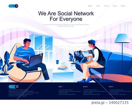 We are Social Network for everyone isometric landing page. Online communication and messaging isometry website page. Men with laptops concept in flat style, vector illustration with people characters. We are Social Network for everyone isometric landing page. Online communication and messaging isometry website page. Men with laptops concept in flat style, vector illustration with people characters. 140027135