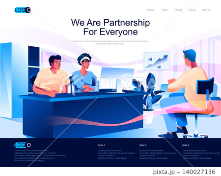 We are Partnership for everyone isometric landing page. Business conversation isometry website page. Partners discussing project web concept in flat style, vector illustration with people characters. We are Partnership for everyone isometric landing page. Business conversation isometry website page. Partners discussing project web concept in flat style, vector illustration with people characters. 140027136