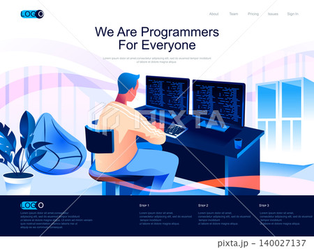 We are Programmers for everyone isometric landing page. Software development skills isometry website page. Man working on computer web concept in flat style, vector illustration with people character We are Programmers for everyone isometric landing page. Software development skills isometry website page. Man working on computer web concept in flat style, vector illustration with people character 140027137