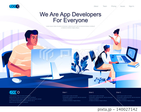 We are App Developers for everyone isometric landing page. Design, engineering and programming isometry website page. Developer at workplace web concept, vector illustration with people characters. We are App Developers for everyone isometric landing page. Design, engineering and programming isometry website page. Developer at workplace web concept, vector illustration with people characters. 140027142