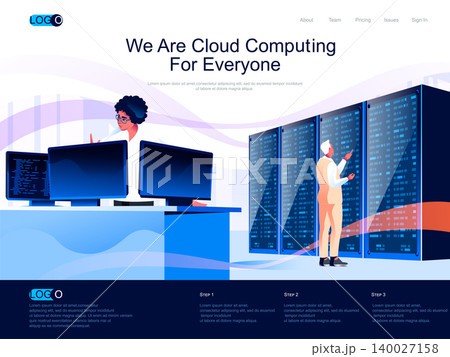 We are Cloud Computing for everyone isometric landing page. Hosting platform, big data processing isometry website page. Database administration web concept, vector illustration with people characters 140027158