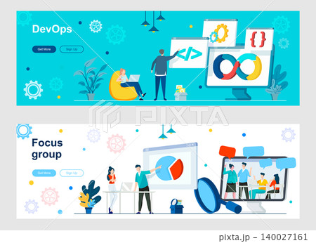 DevOps and focus group landing page with people characters. Potential customers discussion and opinion web banner. Programming and engineering service vector illustration great for social media cover. DevOps and focus group landing page with people characters. Potential customers discussion and opinion web banner. Programming and engineering service vector illustration great for social media cover. 140027161