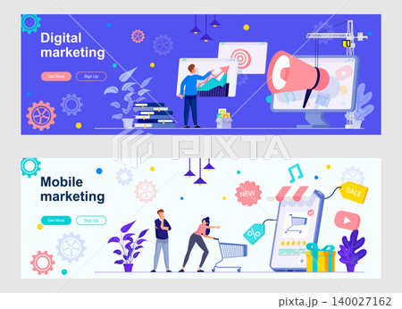 Digital marketing landing page with people characters. Advertising and promotion in social network, discounts and sales web banners. Mobile marketing vector illustration great for social media cover. 140027162