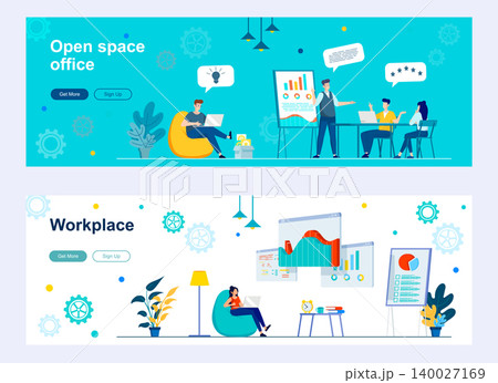 Open space office landing page with people characters. Modern and comfortable workplace for teamwork web banners set. Coworking workspace, workflow vector illustration great for social media cover. 140027169