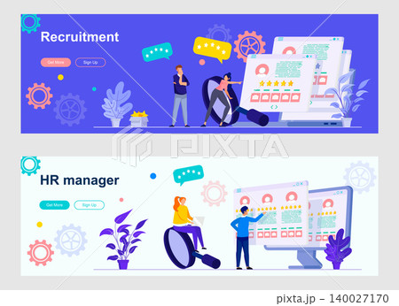 HR management landing page with people characters. Recruitment research, staff headhunting web banners. HR manager evaluating potential job candidates vector illustration great for social media cover. 140027170