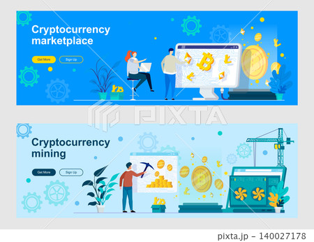 Cryptocurrency mining and trading landing page with people characters. Cryptography and blockchain fintech web banners set. Cryptocurrency marketplace vector illustration great for social media cover. Cryptocurrency mining and trading landing page with people characters. Cryptography and blockchain fintech web banners set. Cryptocurrency marketplace vector illustration great for social media cover. 140027178
