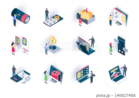 User interface isometric icons set. Websites design and development flat vector illustration. Adaptive layout, prototyping and visual content organization 3d isometry pictograms with people characters 140027408