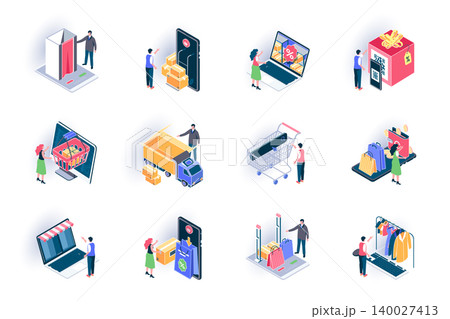 Online shopping isometric icons set. Internet marketplace, discount shopping, global export flat vector illustration. Online order and home delivery 3d isometry pictograms with people characters. Online shopping isometric icons set. Internet marketplace, discount shopping, global export flat vector illustration. Online order and home delivery 3d isometry pictograms with people characters. 140027413