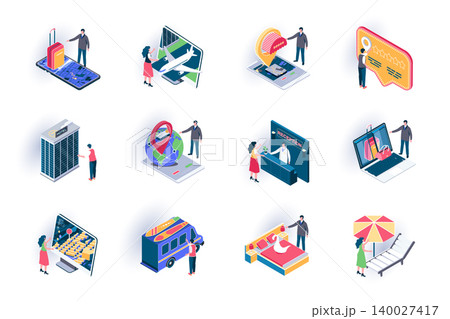 Travel vacation isometric icons set. Online ticket booking, hotel reservation service flat vector illustration. Summertime vacation, hot tours offers 3d isometry pictograms with people characters. Travel vacation isometric icons set. Online ticket booking, hotel reservation service flat vector illustration. Summertime vacation, hot tours offers 3d isometry pictograms with people characters. 140027417