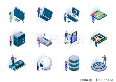 Computer elements isometric icons set. Digital electronics components and computer parts flat vector illustration. Hardware equipment for system unit 3d isometry pictograms with people characters. Computer elements isometric icons set. Digital electronics components and computer parts flat vector illustration. Hardware equipment for system unit 3d isometry pictograms with people characters. 140027418