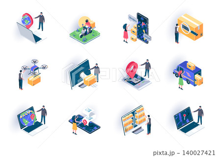 Delivery service isometric icons set. Global logistics, warehousing and distribution flat vector illustration. Courier delivery, online route tracking 3d isometry pictograms with people characters. Delivery service isometric icons set. Global logistics, warehousing and distribution flat vector illustration. Courier delivery, online route tracking 3d isometry pictograms with people characters. 140027421