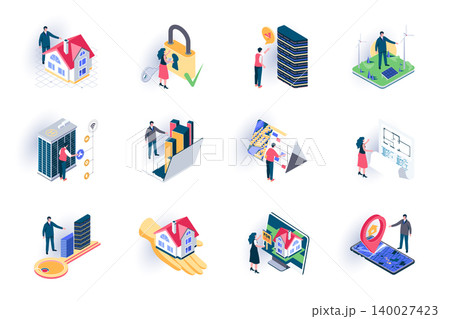 Real estate isometric icons set. Buildings sale, mortgage and rent, architecture engineering and construction flat vector illustration. Real estate agency 3d isometry pictograms with people characters 140027423
