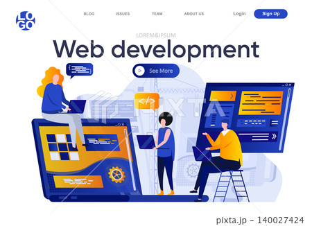 Web development flat landing page. Creative team of designers and developers work together vector illustration. Full stack development, software engineering web page composition with people characters 140027424