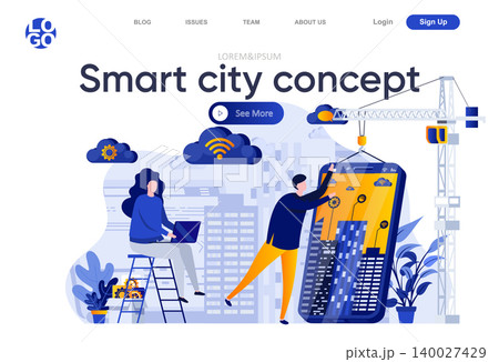 Smart city concept flat landing page. Developers team creating mobile app for smart house vector illustration. Internet of things, wireless networking web page composition with people characters. Smart city concept flat landing page. Developers team creating mobile app for smart house vector illustration. Internet of things, wireless networking web page composition with people characters. 140027429