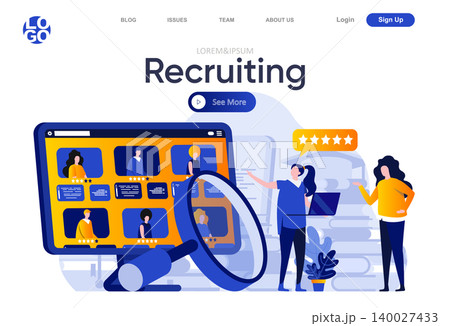 Recruiting flat landing page. HR manager carefully studying resumes of candidates vector illustration. Human resource management and staff headhunting web page composition with people characters. Recruiting flat landing page. HR manager carefully studying resumes of candidates vector illustration. Human resource management and staff headhunting web page composition with people characters. 140027433