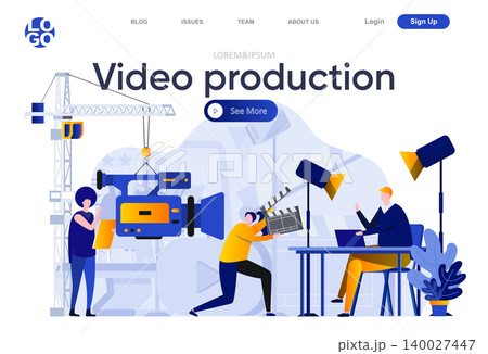 Video production flat landing page. Operator with video camera and assistant in studio vector illustration. Video production work team making video content web page composition with people characters 140027447