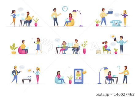 Support service scenes bundle with people characters. Customer support operator with hands-free headset working situations. Online consultation and assistance in call center flat vector illustration. Support service scenes bundle with people characters. Customer support operator with hands-free headset working situations. Online consultation and assistance in call center flat vector illustration. 140027462
