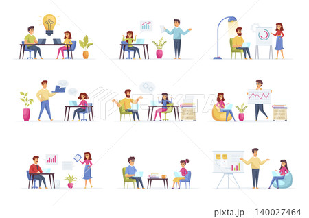 Business meeting scenes bundle with people characters. Negotiation of partners, manager making presentation, teamwork of colleagues in office situations. Corporate partnership flat vector illustration 140027464
