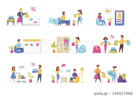 Shopping scenes bundle with people characters. People buy clothes, shoes and accessories, online order and delivery at home, discount marketplace situations. Internet shop flat vector illustration. 140027466