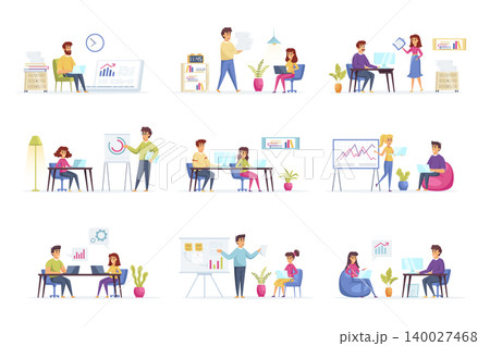 Office management scenes bundle with people characters. People working, collaborating and educating at workplace in office situations. Tasks management and work organization flat vector illustration. Office management scenes bundle with people characters. People working, collaborating and educating at workplace in office situations. Tasks management and work organization flat vector illustration. 140027468
