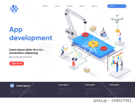 App development isometric landing page. UI UX design, prototyping, engineering and programming application. Digital technology isometry web page. Website vector illustration with people characters. App development isometric landing page. UI UX design, prototyping, engineering and programming application. Digital technology isometry web page. Website vector illustration with people characters. 140027481