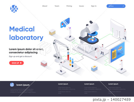 Medical laboratory isometric landing page. Pharmacy development, biotechnology industry, patient testing and diagnosis isometry web page. Website flat vector illustration with people characters. Medical laboratory isometric landing page. Pharmacy development, biotechnology industry, patient testing and diagnosis isometry web page. Website flat vector illustration with people characters. 140027489