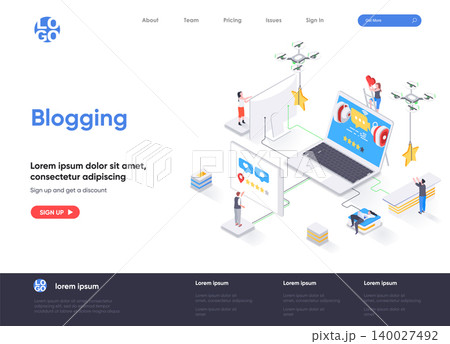 Blogging isometric landing page. Social content production, network communication, internet posting and messaging isometry web page. Website flat template, vector illustration with people characters. Blogging isometric landing page. Social content production, network communication, internet posting and messaging isometry web page. Website flat template, vector illustration with people characters. 140027492