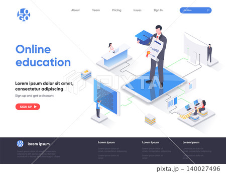 Online education isometric landing page. Distance learning service, professional courses and skills development isometry web page. Website flat template, vector illustration with people characters. Online education isometric landing page. Distance learning service, professional courses and skills development isometry web page. Website flat template, vector illustration with people characters. 140027496